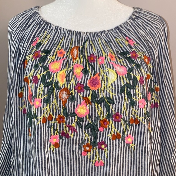 Francesca’s “Blue Rain” Boho Stripe Embroidered 3/4 Sleeve Blouse - Picture 2 of 14